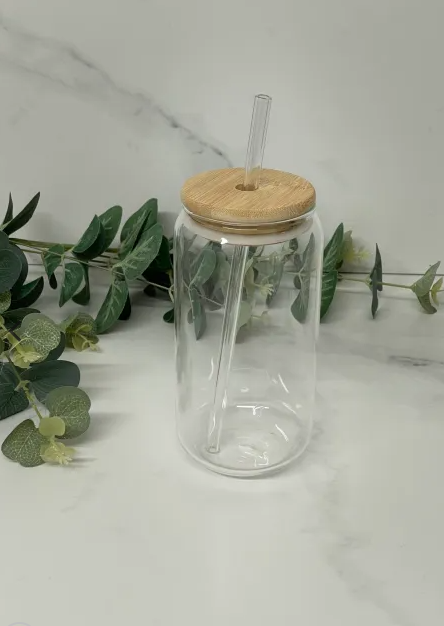 Glass Can Jars with Bamboo lid and straw 16oz